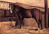 Bay Canvas Paintings - Yerres, Reddish Bay Horse in the Stable